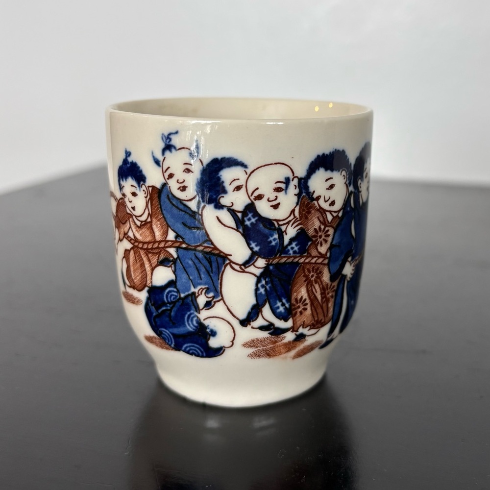 Vtg Norleans Japan White Blue Sumo Sake Tea Cup “Tug of War”